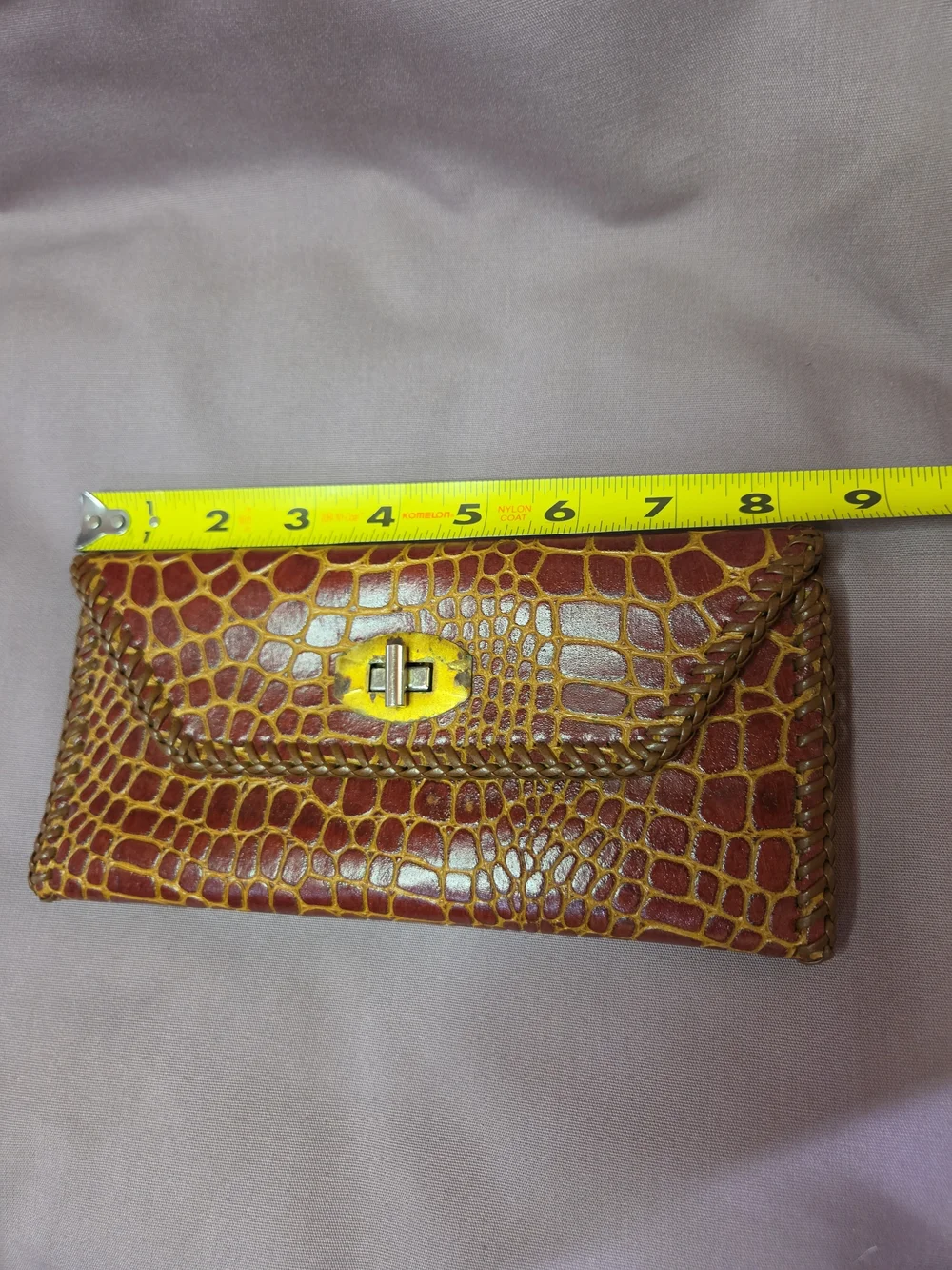 VINTAGE Croc-Embossed Brown Leather Clutch with Yellow Accent